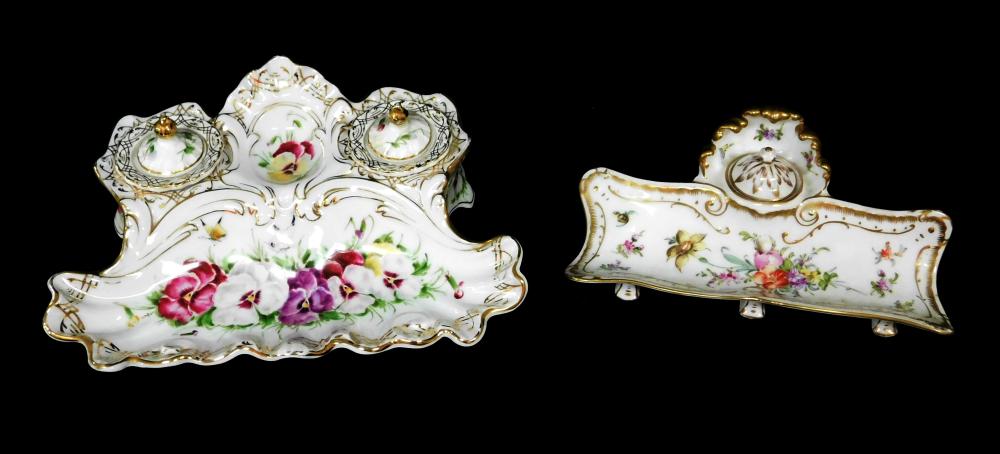 TWO CONTINENTAL PORCELAIN INKWELLS/PEN