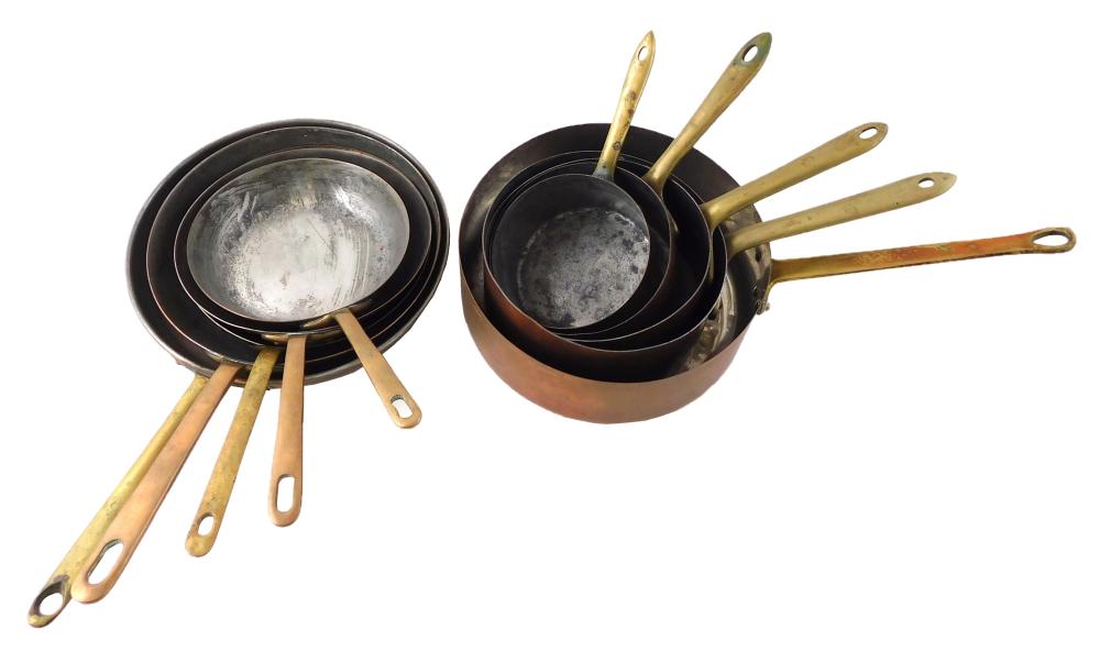 TEN COPPER COOKING PANS WITH BRASS 31e5a0