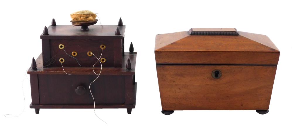 TWO SMALL WOODEN BOXES, A MAHOGANY