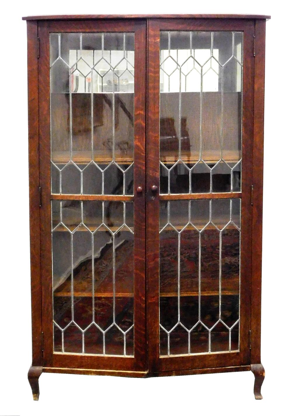 BOOKCASE, OAK WITH LEADED GLASS