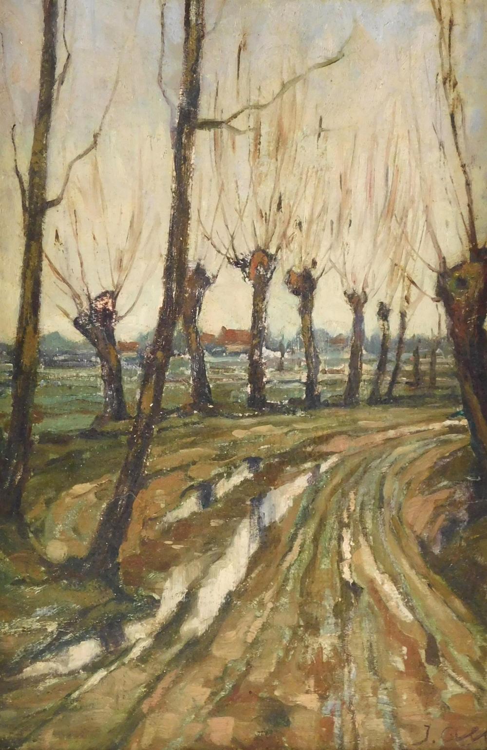 20TH C. OIL ON WOOD PANEL, WINTER LANSCAPE,