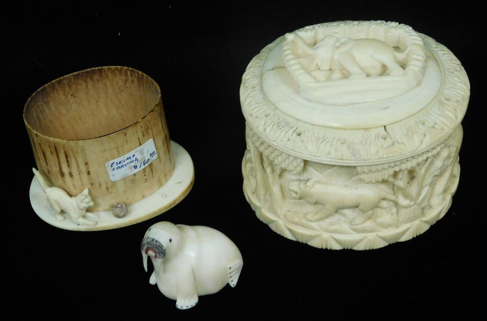 THREE ANTIQUE IVORY CARVINGS, INCLUDING: