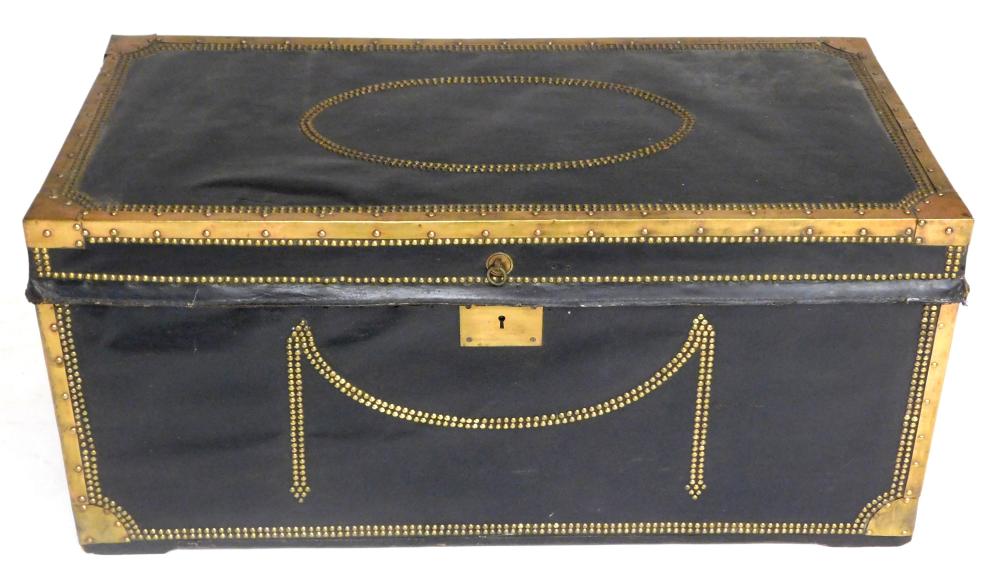 19TH C. CHEST, LEATHER COVERED