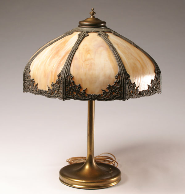 Slag glass lamp; eight panel shade,