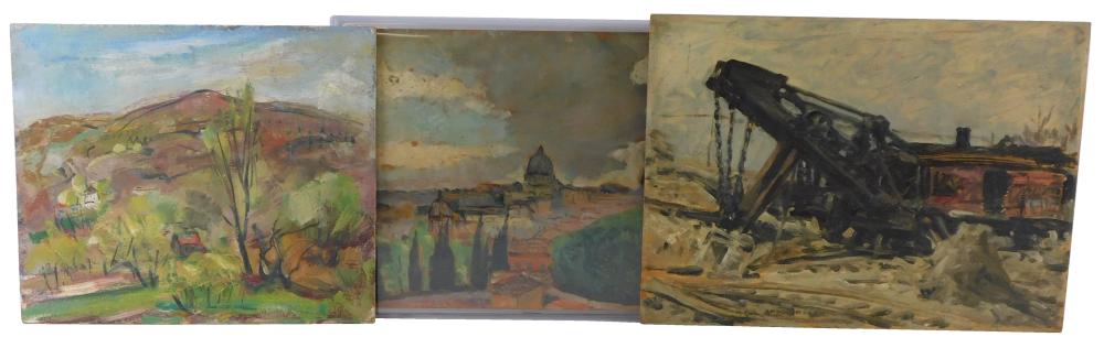 THREE UNFRAMED OIL ON BOARD LANDSCAPES: