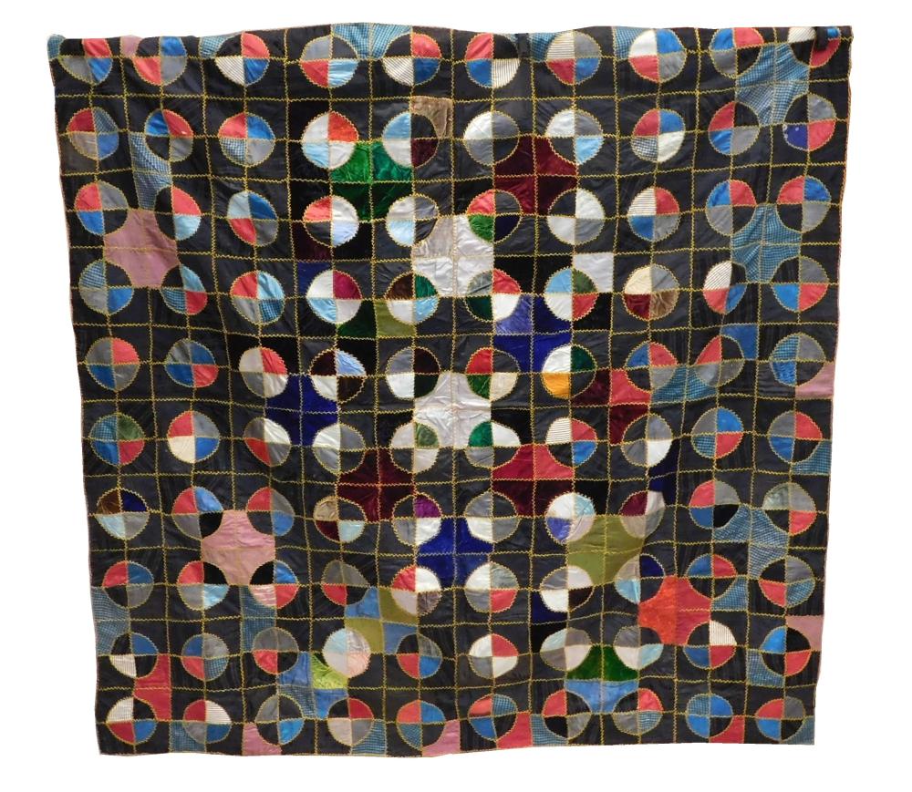 TEXTILE: PIECED SILK CRAZY QUILT, 19TH