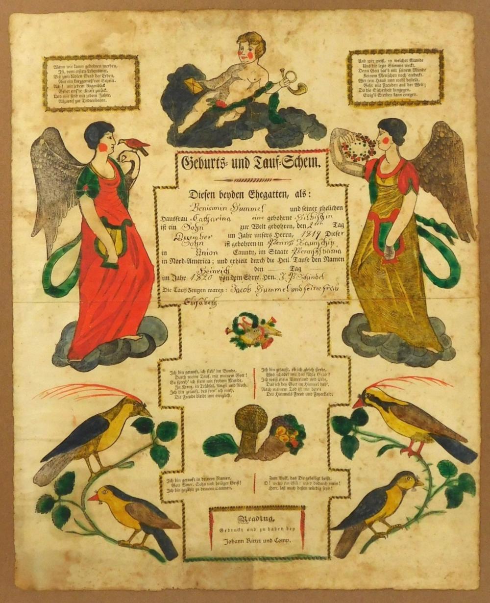 HAND-COLORED BAPTISMAL CERTIFICATE,
