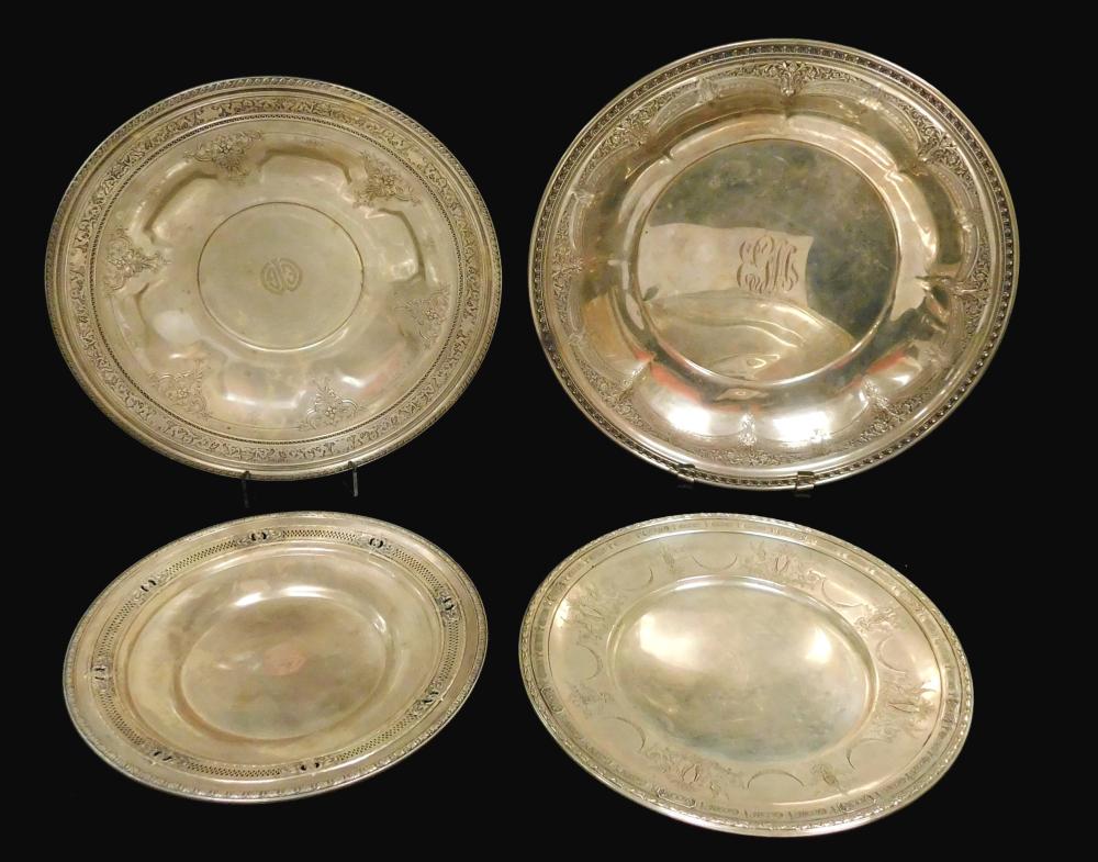 STERLING: FOUR ORNATE ROUND TRAYS,