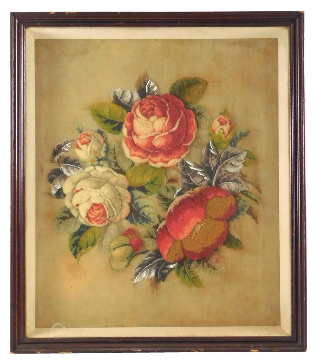 EMBROIDERY PICTURE OF ROSES, 19TH C.,