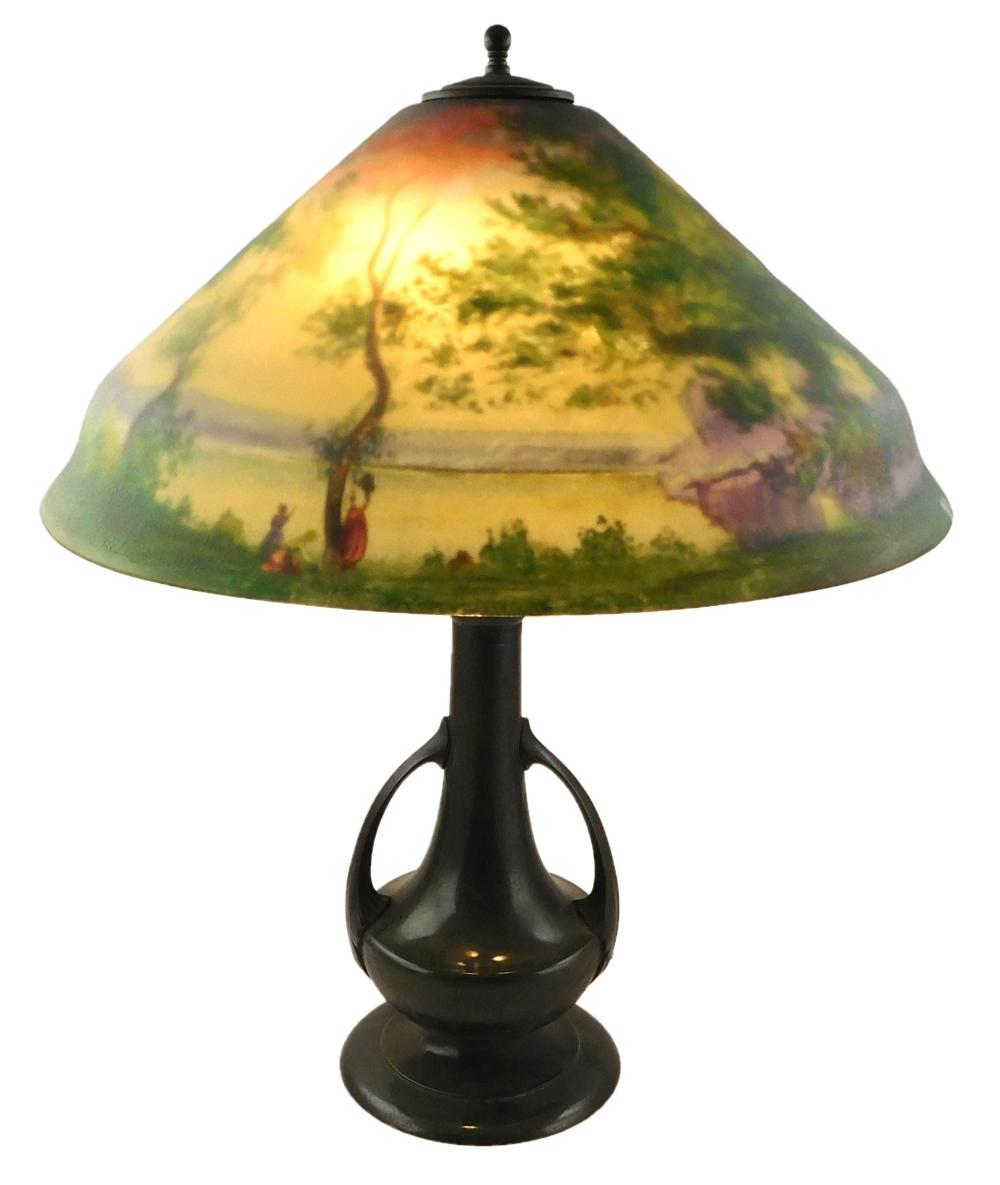 LAMP: REVERSE PAINTED GLASS SHADE,