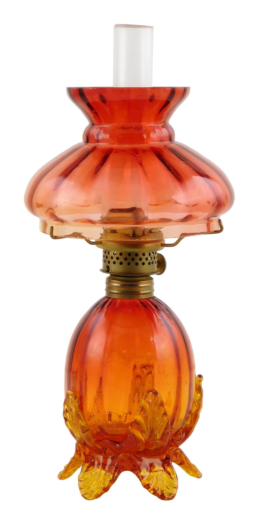MINIATURE OIL LAMP, RUBY TO AMBER GLASS,