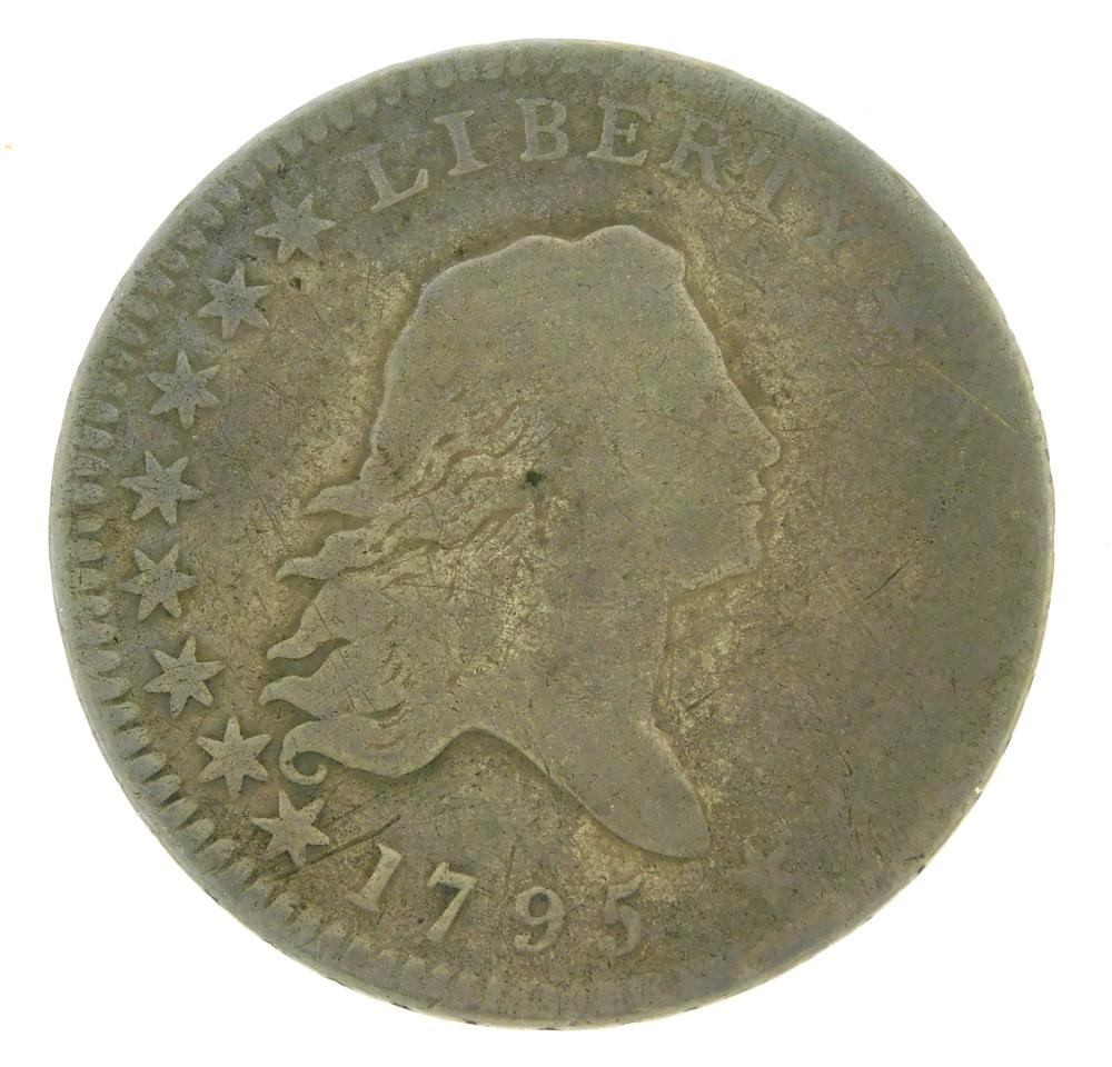 COINS: 1795 FLOWING HAIR HALF DOLLAR.