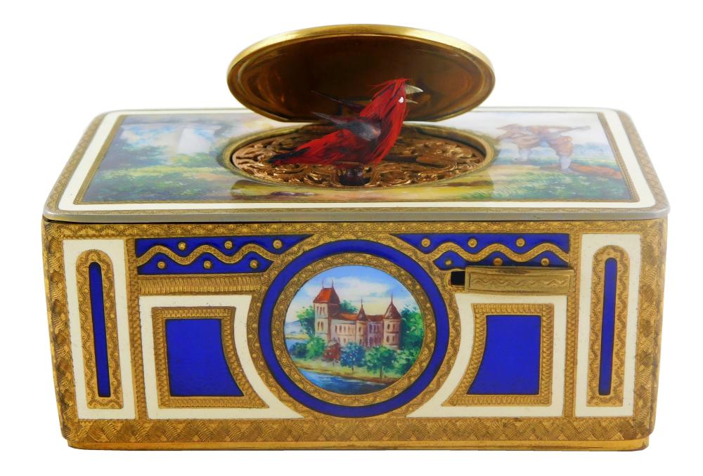 AUTOMATON ENAMEL AND GILT MUSICAL