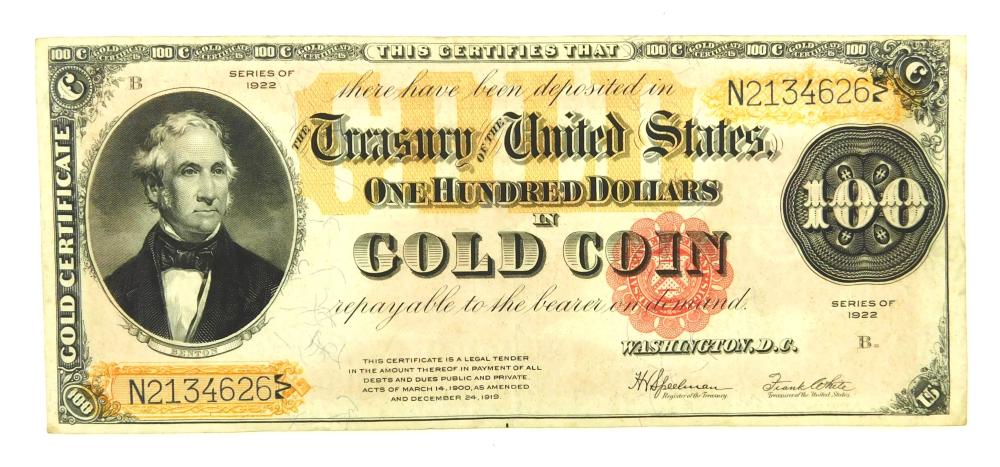 CURRENCY: SERIES 1922 $100 GOLD