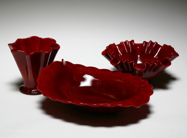 Fenton red slag glass vase and bowls.