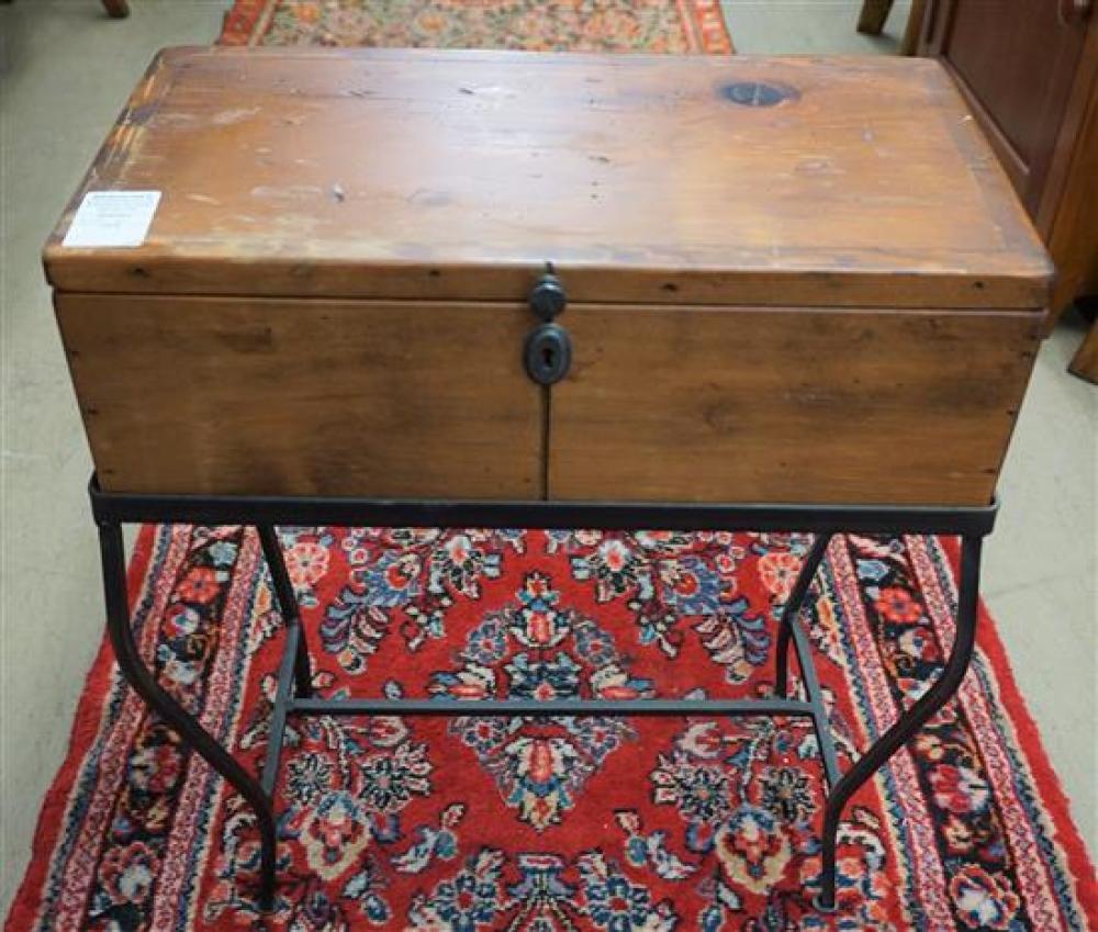 PINE DOCUMENT CHEST ON A METAL