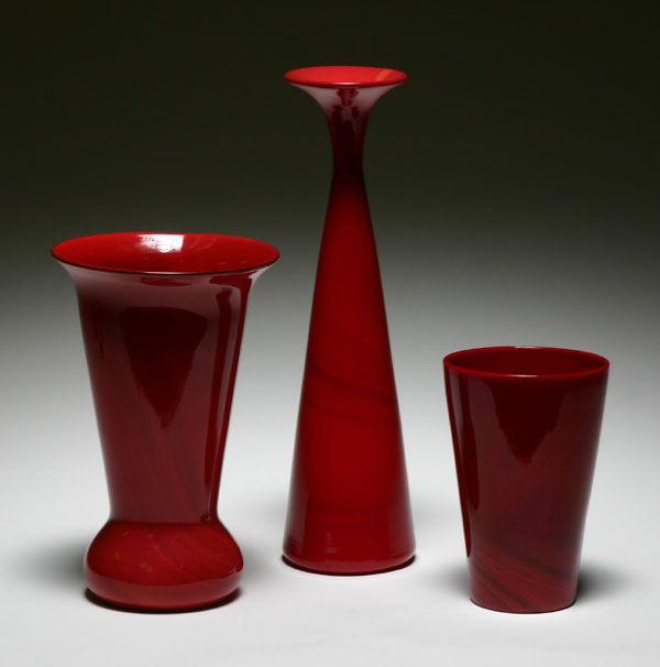 Two Fenton Mandarin red vases, one signed,