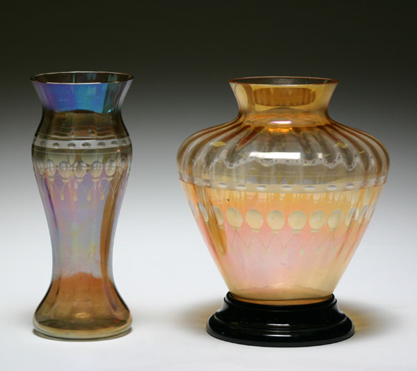 Two Imperial iridescent glass vases.