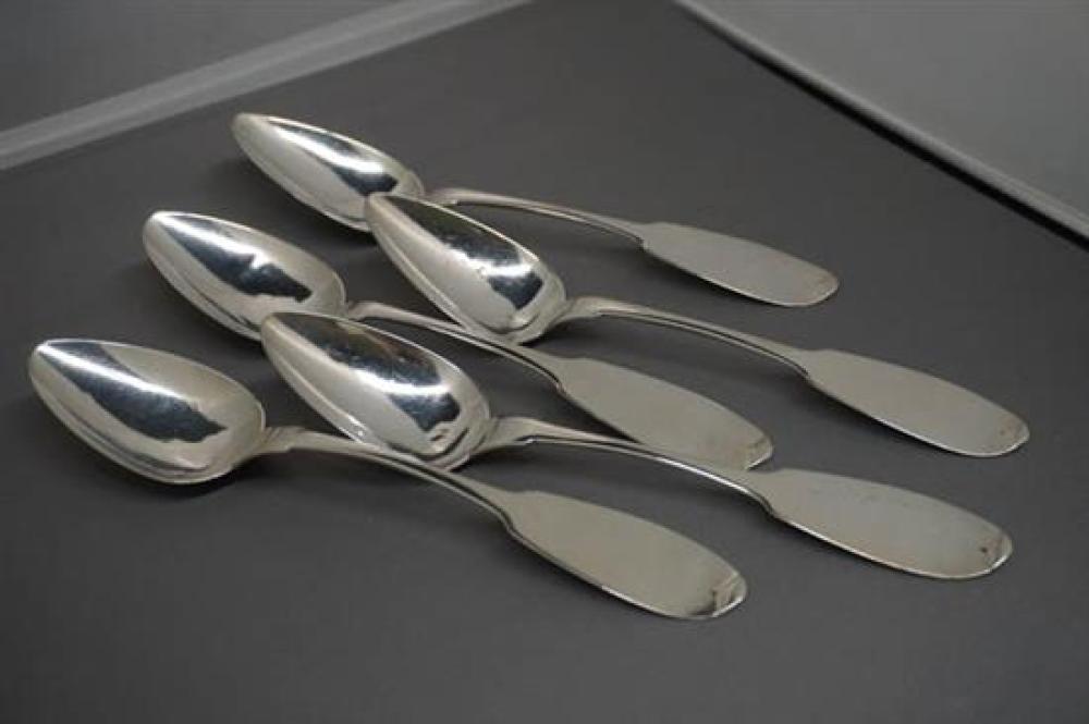 FIVE COIN SILVER DESSERT SPOONS,
