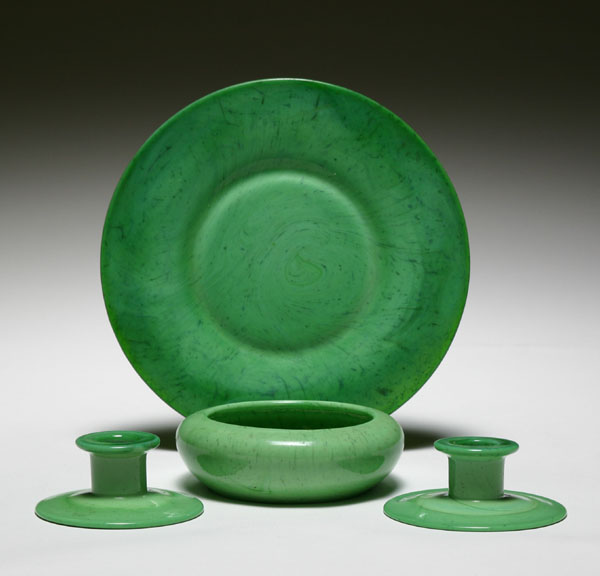 US Glass jade green carrara, 4pc. Plate:9Diam.