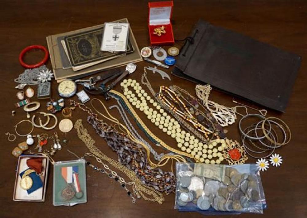 FLAT OF COSTUME JEWELRY, MEDALS,
