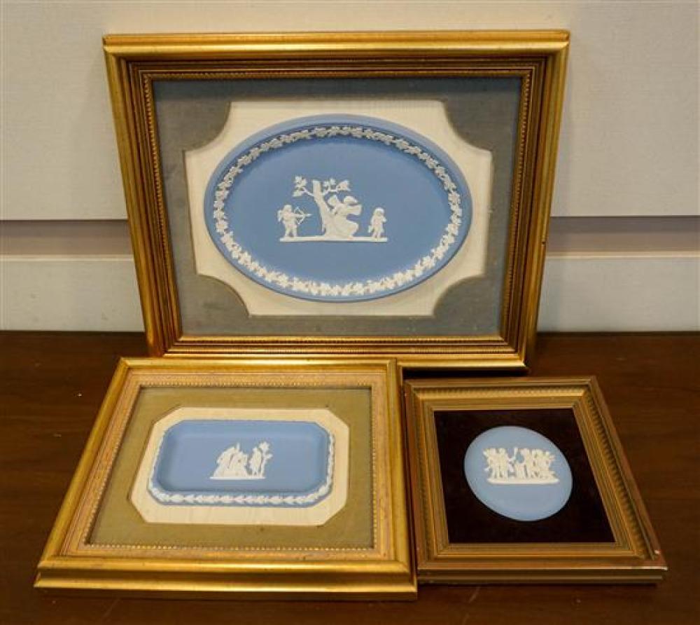 THREE WEDGWOOD FRAMED BLUE AND