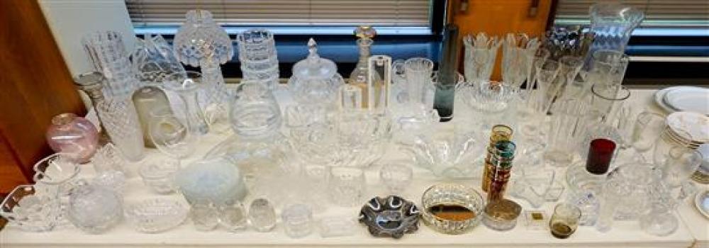 GROUP WITH MOSTLY CLEAR GLASS VASES,