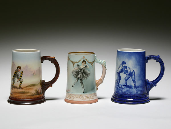 Three hand painted mugs, L. Covey