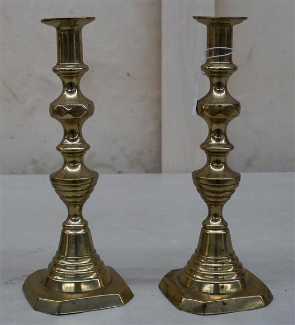 PAIR OF ANTIQUE BRASS PUSH-UP CANDLESTICKS,