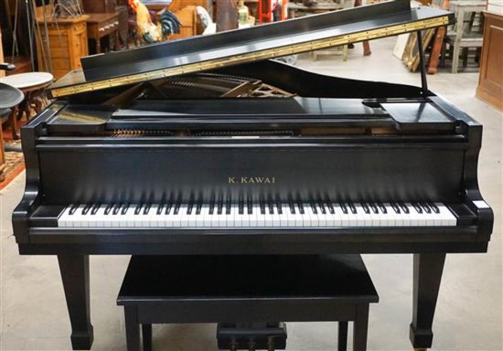 K. KAWAI EBONIZED PIANO AND BENCH