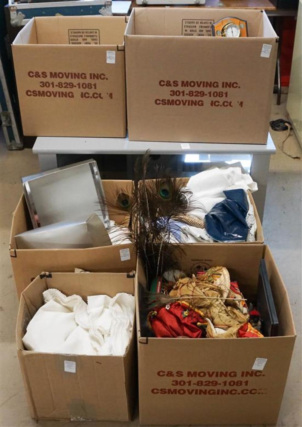 SIX BOXES OF LINENS, BOX OF CLOTH