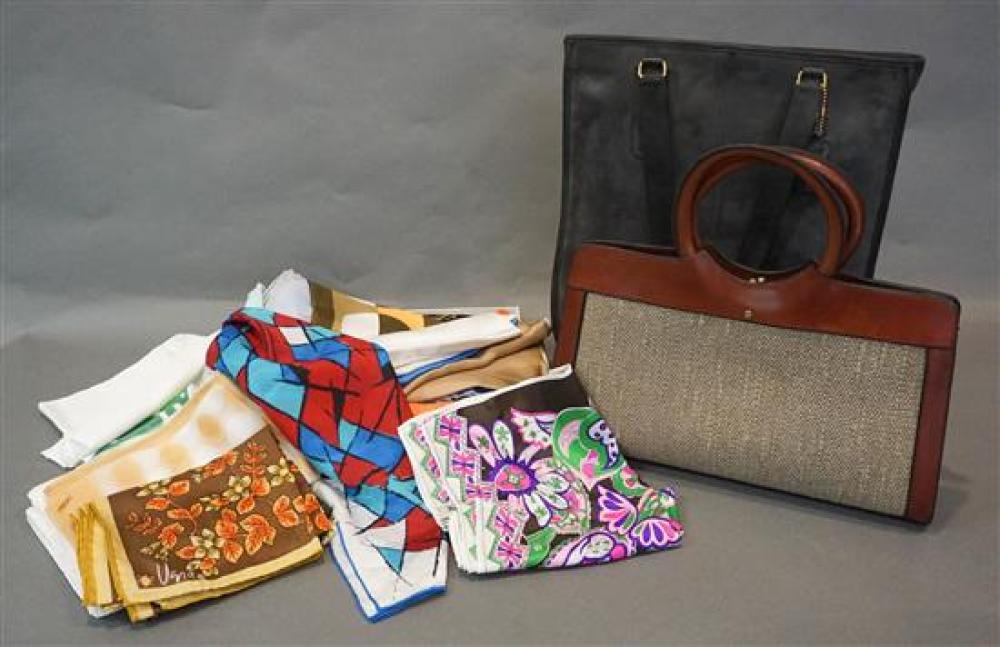 BOX OF SILK SCARVES, HANDBAGS, ETC.Box