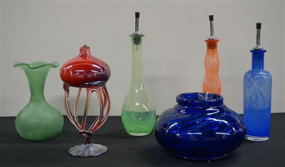 THREE COLORED GLASS OIL BOTTLES  31f404