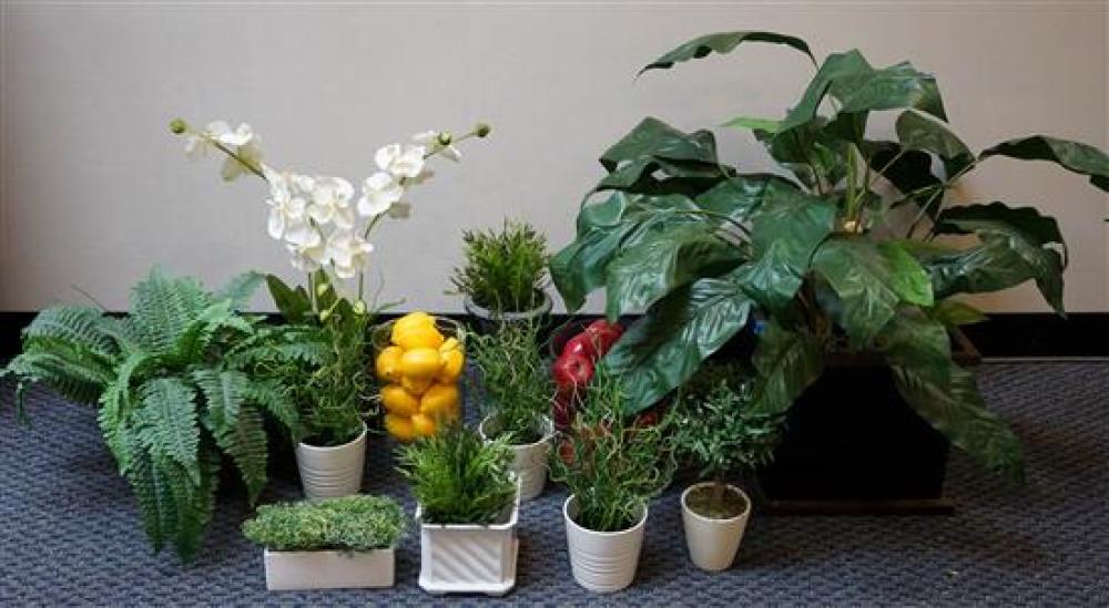 TEN ARTIFICIAL PLANTS AND TWO BOWLS