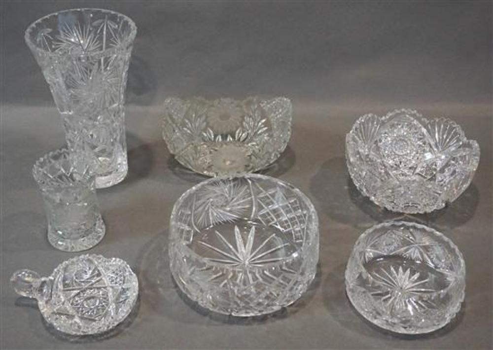 FOUR CRYSTAL BOWLS, TWO VASES AND A