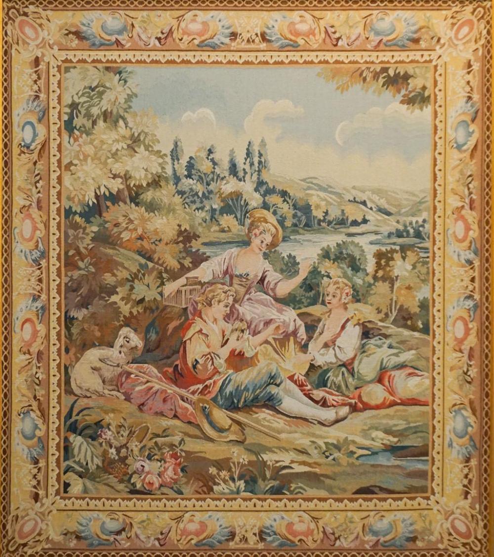 AUBUSSON TAPESTRY OF FAMILY IN FIELD,