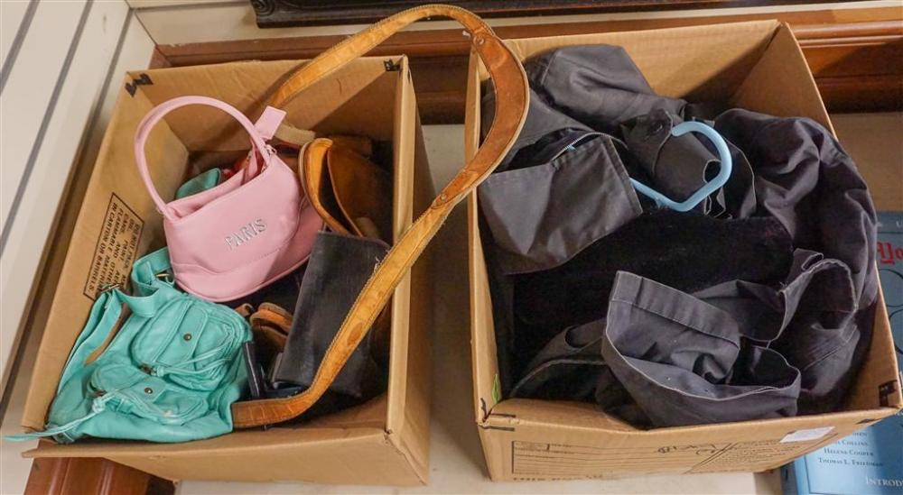 TWO BOXES OF CLOTHING, PURSES,