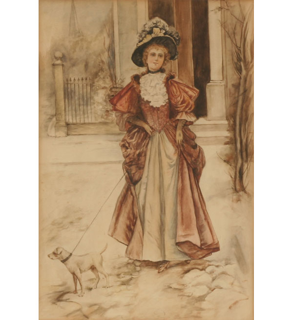 Victorian watercolor of a woman walking