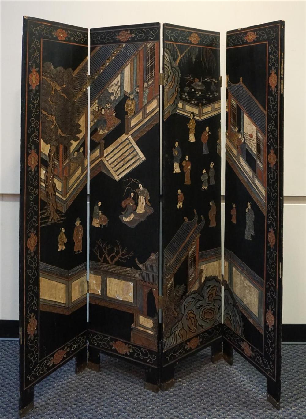 CHINESE BLACK LACQUERED FOUR PANEL