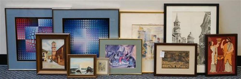 BOX WITH TEN ASSORTED FRAMED WORKS