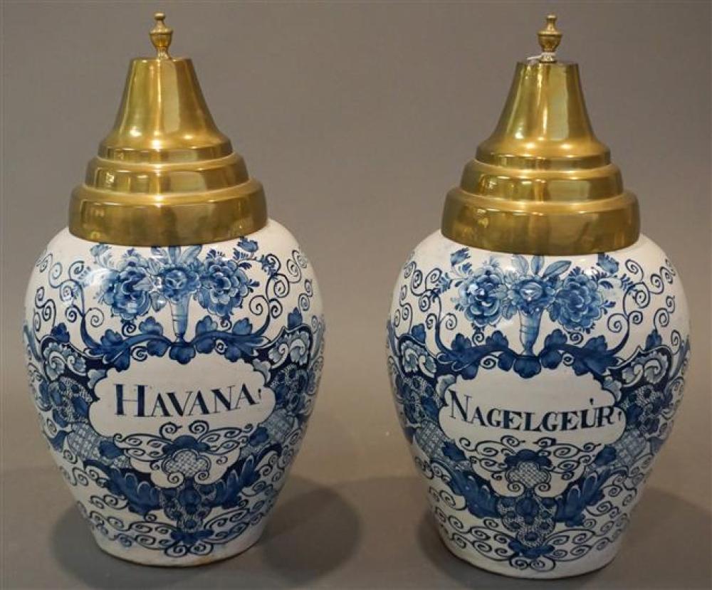 PAIR DUTCH DELFT BLUE AND WHITE BRASS