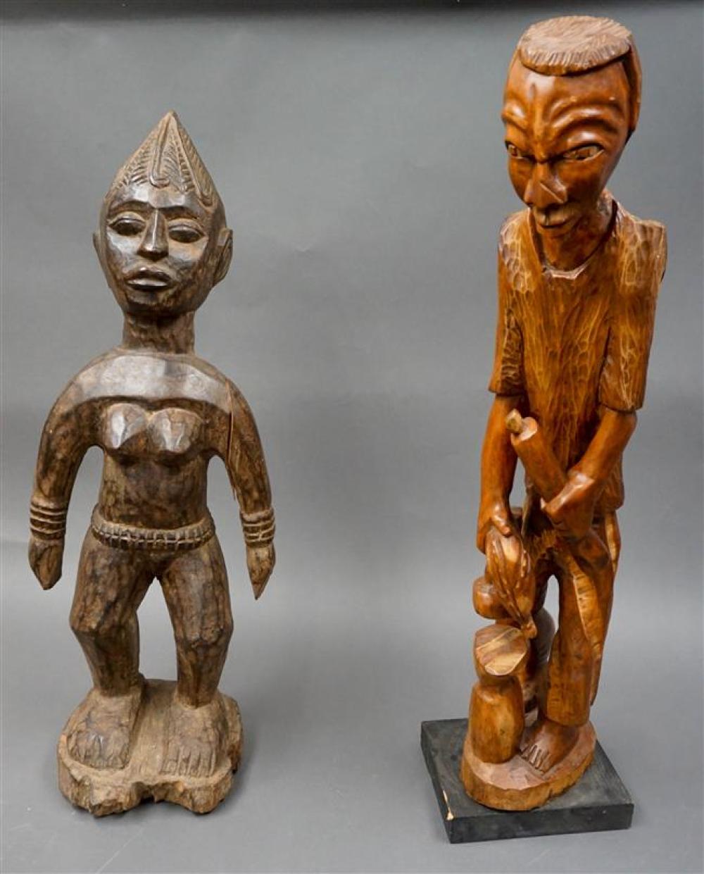 TWO CARVED WOOD FIGURES, TALLER: 38-1/2