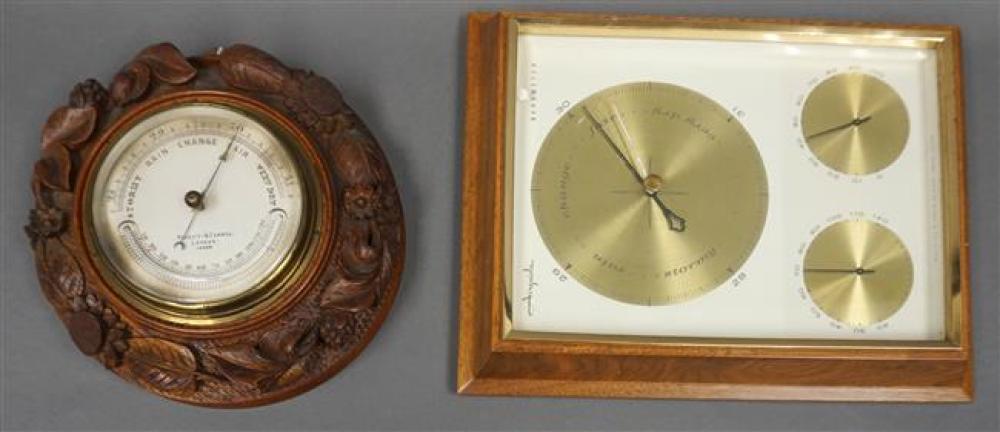 NEGERETTI AND ZAMBRA CARVED OAK BAROMETER/THERMOMETER