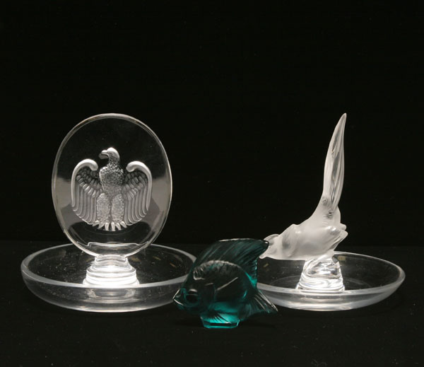 Two Lalique glass pin trays and