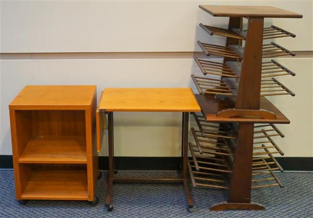 TEAK CABINET, CART AND TWO FRUITWOOD