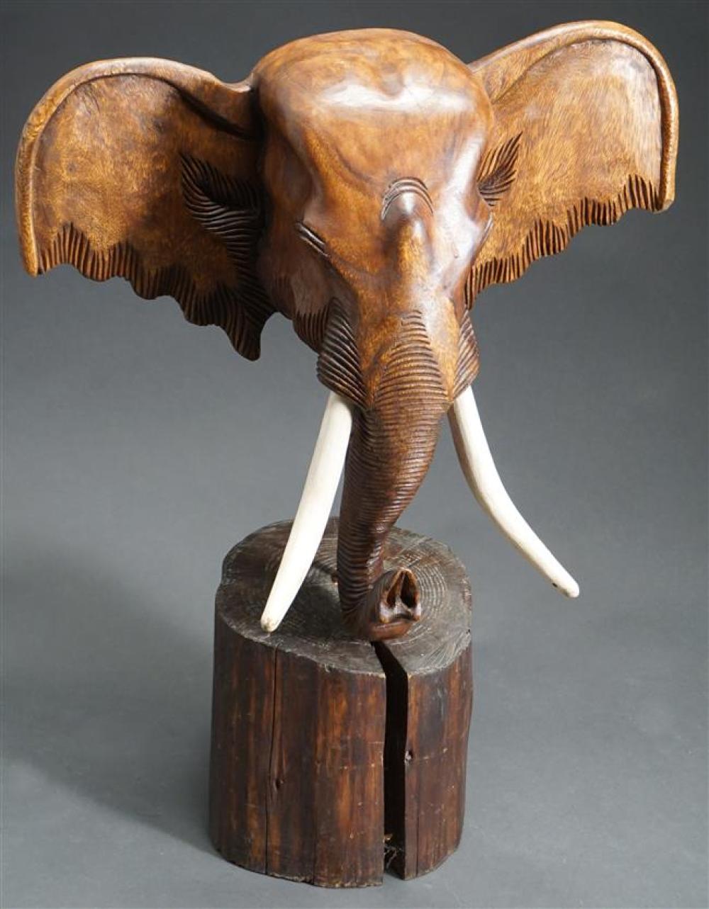 CARVED WOOD BUST OF AN ELEPHANT,