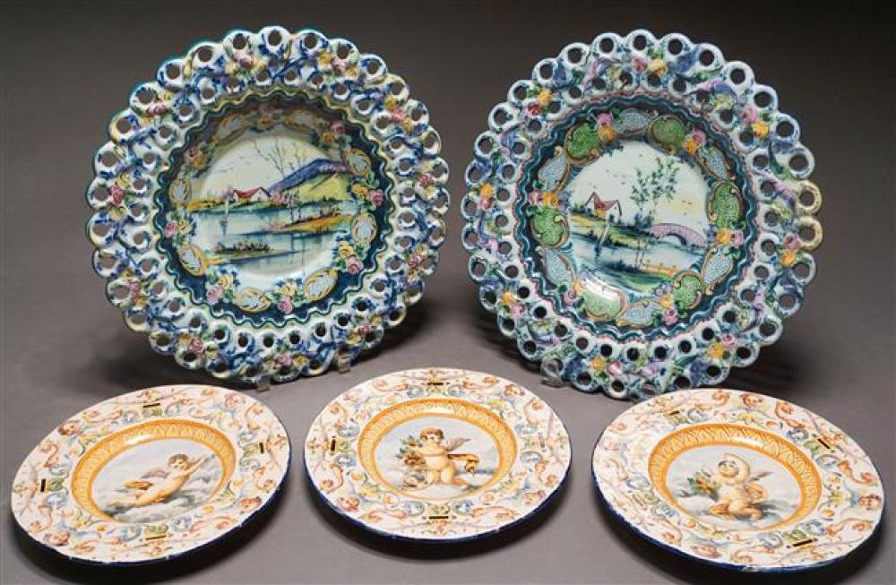 FIVE MAJOLICA TYPE PICTORIAL PLATES