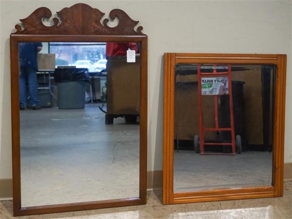 PINE FRAMED MIRROR AND A MAHOGANY