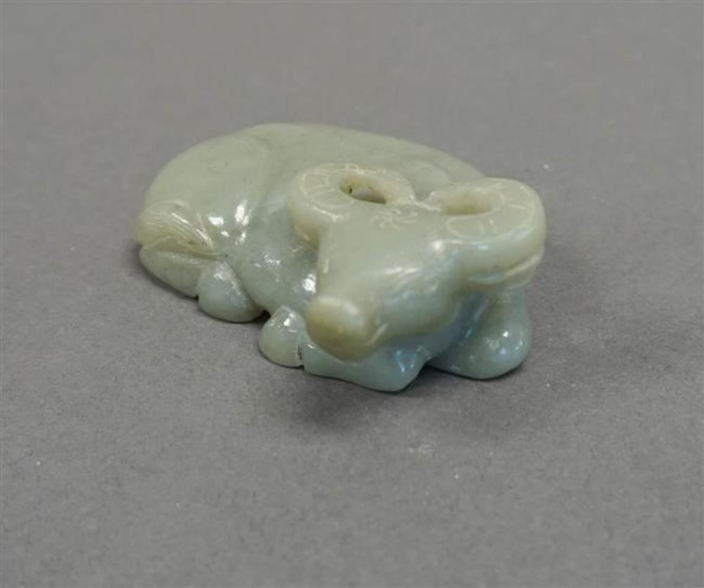 CHINESE CARVED CELADON HARDSTONE RECUMBENT