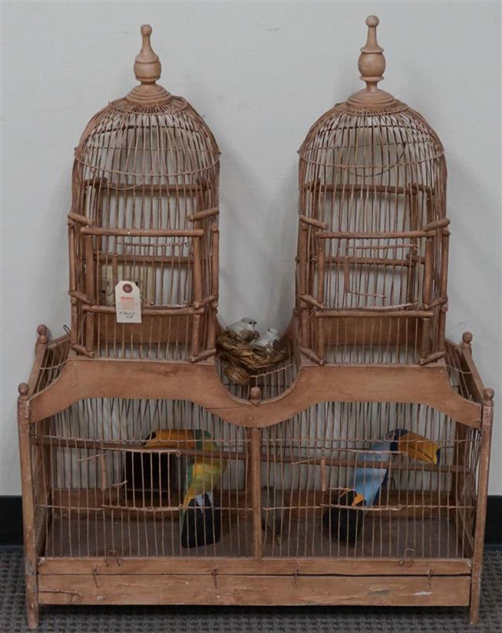 DECORATED WOOD AND METAL BIRD CAGE,